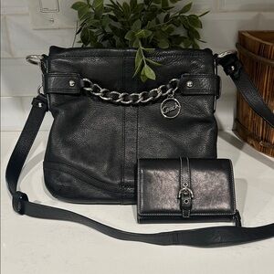 Coach Black Leather Shoulder Bag with Silver Chain